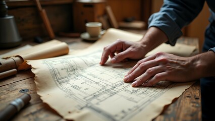 A person examines architectural blueprints on a wooden table, with a cup nearby, showcasing a focus on design and craftsmanship.