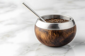 Fototapeta premium Wooden Yerba Mate Gourd with Metal Rim and Straw