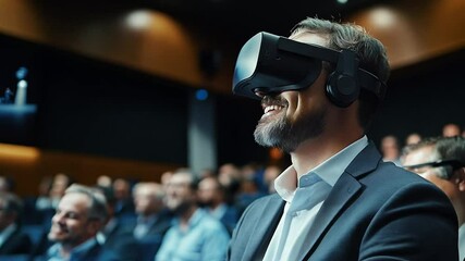A man wearing a virtual reality headset smiles while attending a professional conference in a formal auditorium setting, emphasizing innovation, technology adoption, and modern interactive experiences