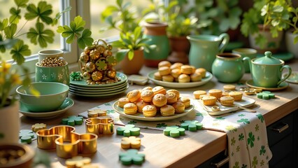 Naklejka premium Springtime tea setting featuring pastries, cakes, cookies, and a teapot on a wooden surface, surrounded by sunlight and potted plants for a cozy and rustic vibe.