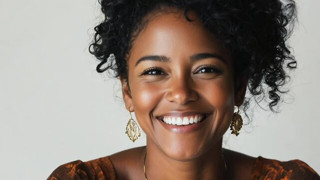 A cheerful woman with dark curly hair smiles wearing vibrant patterned attire and earrings. Her natural beauty and confident expression convey happiness, comfort, and effortless style against a minima