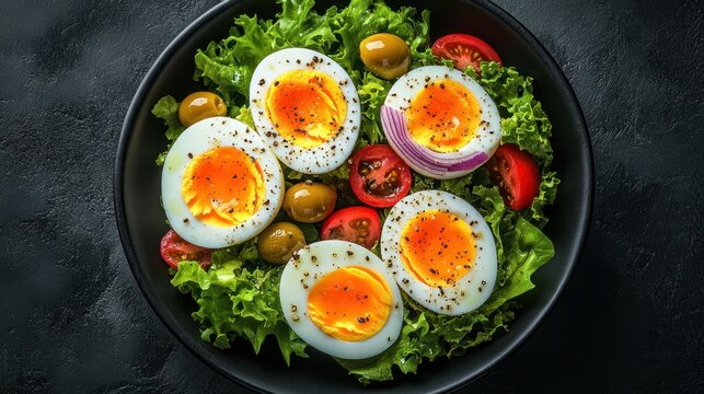 Freshly halved hard-boiled eggs atop a mixed green salad with cherry tomatoes, olives, and red onion