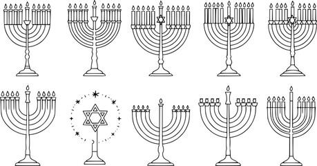 Set outline style Jewish big menorah candelabrum vector illustration
