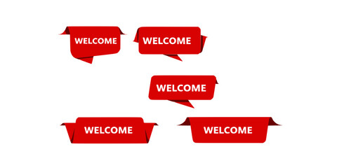 Greeting red ribbons set with word welcome banner vector illustration
