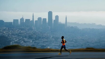 The man was running in the morning, enjoying the fresh air and the gentle sunlight as his steady strides took him along a path surrounded by lush greenery, creating a moment of tranquility and fitness