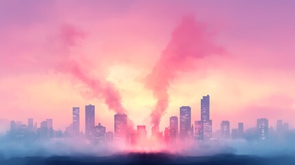 Fototapeta premium Urban smoke pollution cityscape digital art eco environment skyline viewpoint nature awareness