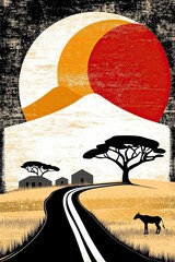 Naklejka premium Serene Landscape with a Winding Road and Golden Fields under a Vibrant Sunset Sky Featuring a Silhouette of a Tree and a Horse