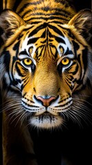 Obraz premium Close-Up of Majestic Tiger Displaying Striking Patterns and Intense Gaze Captured in Natural Habitat Under Soft Lighting Conditions