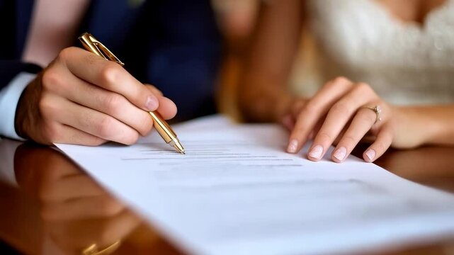 Couple signing marriage certificate at elegant wedding ceremony indoors - Powered by Adobe