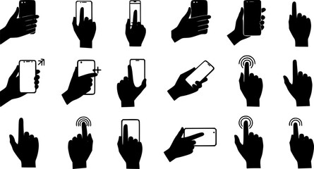 Set silhouette hand holding mobile phone horizontally and vertically illustration vector isolated. Females and males palm is touching smartphone display shadow style. 
