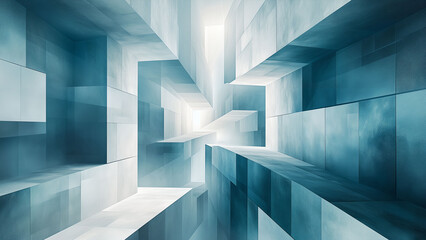 Abstract 3D Geometric Architecture Design with Blue Glass and Futuristic Shapes