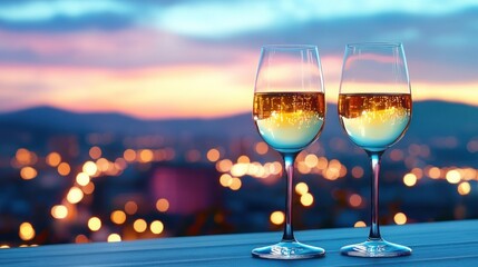 Two wine glasses at sunset rooftop cityscape view