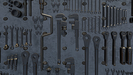 The Tool on metal plate for Background concept 3d Rendering.