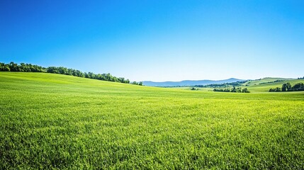 Obraz premium Lush Green Pastures Under a Bright Blue Sky in Summer Landscape