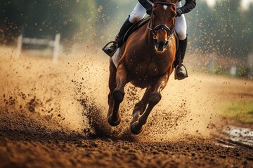 Obraz premium A brown horse gallops, rider on its back, dirt spraying up behind them. Illustrates power, speed, and partnership of equine sport imagery.