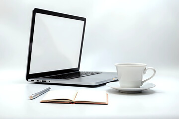 Laptop, coffee cup and notebook on white table. Empty screen for your advertise design
