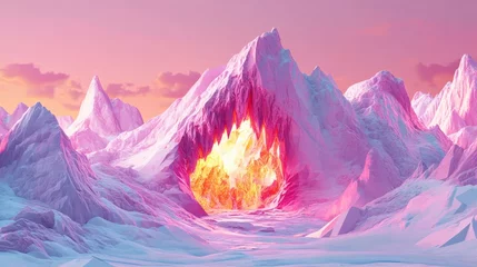 Fototapeten Surreal Pink Mountains with Fiery Cave Entrance at Sunset © Pixel Skull Design