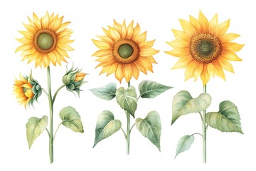 Bright flowers sunflowers, floral leopard isolated white background. Watercolor botanical illustration for floral design