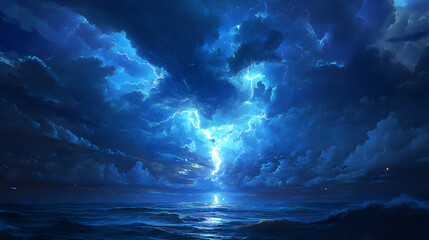 Dramatic lightning illuminates a stormy ocean landscape under a dark, cloudy sky at night
