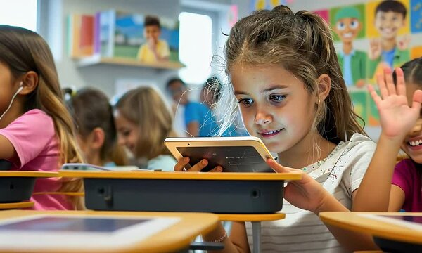 Young Girl Using Tablet in Classroom