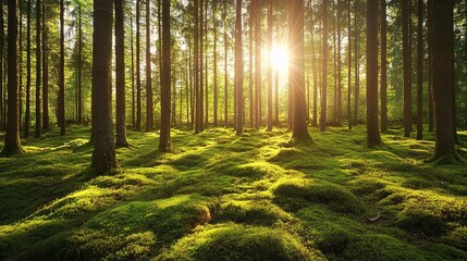 Obraz premium Sunlight Filtering Through a Lush Green Forest with Mossy Ground
