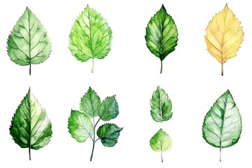Green leaves collection isolated white background, hand painted foliage set floral design, nature watercolor botanical