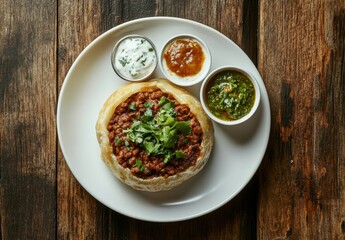 Flavorful Indian Dish Served on a White Plate with Fresh Green Herbs and Accompaniments in Small Bowls on a Wooden Table Top