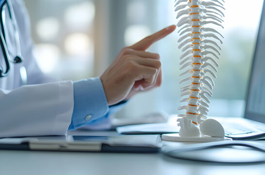 Doctor Pointing at Anatomical Spine Model During Physiotherapy Consultation for Scoliosis Treatment and Rehabilitation in a Modern Healthcare Office
