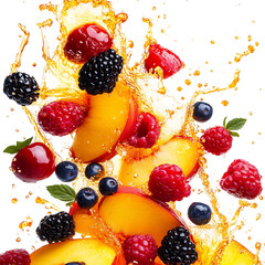 Fresh Peach Slices and Berries Falling Isolated on Transparent Background