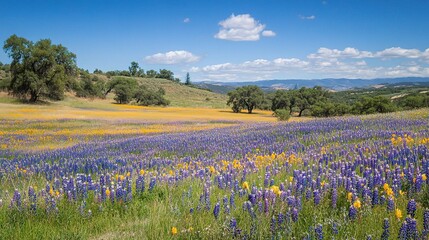 Fototapeta premium Spectacular Blooming Lupines in Folsom Field Under Blue Sky