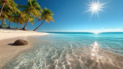 Tropical beach paradise; calm turquoise water; sunny day; palm trees; perfect vacation destination