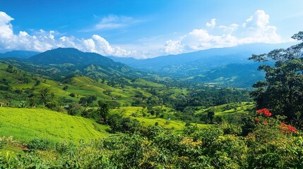 Fototapeta premium Vast Lush Green Valley Under Clear Blue Sky with Gentle Mountains