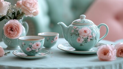 Fototapeta premium Elegant tea set with roses