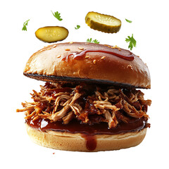 A Savory Pulled Pork Sandwich with BBQ Sauce and Pickles Isolated on Transparent Background