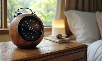 A stylish wooden alarm clock on a bedside table in a cozy bedroom with soft lighting and greenery outside