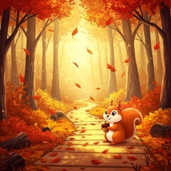 Peaceful Imaginative Autumn Forest 4K HD High-Quality Natural Wallpaper Background – Red & Orange Leaves, a Cozy Wooden Path & a Squirrel with an Acorn