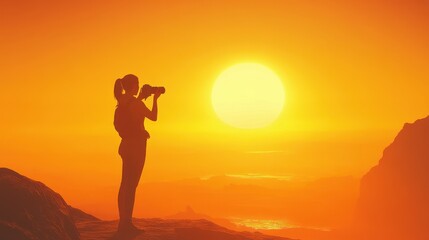 Silhouette of woman with camera at stunning golden sunset landscape. Perfect for travel, adventure, or pursuing photography as a hobby.