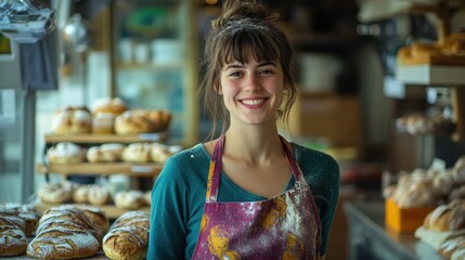 A young woman with a bright smile stands in a bakery, surrounded by fresh bread and pastries. Her cheerful demeanor and flour-dusted apron create a warm and inviting atmosphere.