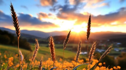 Golden sunset over a hilltop meadow with wheat