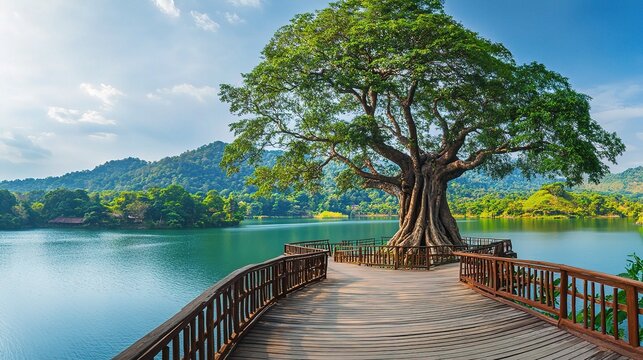 Panoramic View of the Giant Monkey Pod Tree by the Serene Lake