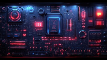 Futuristic tech panel glows, red blue lights, circuit board, digital background, tech banner