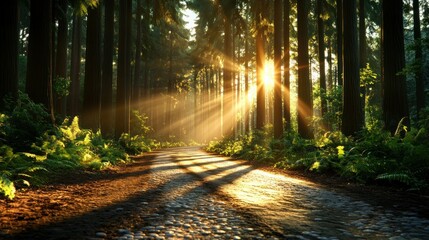 Obraz premium Sunlight streams down forest path, morning mist