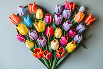 Colorful tulips in a floral arrangement as frame as Heart-shape.