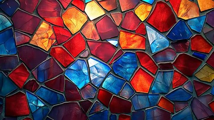 Vibrant stained glass mosaic featuring a mix of red, blue, and orange pieces illuminated by sunlight - Powered by Adobe