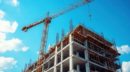 Crane Dominating Construction Site Against Blue Sky. Modern Urban Development and Construction Progress