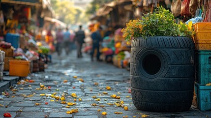Fototapeta premium Recycled tire planter in bustling Indian market street