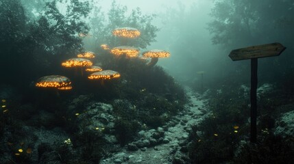 A mystical forest path illuminated by glowing mushroom lights