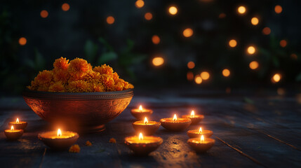 Pohela Boishakh celebrations, Serene Diwali Setting Marigold Flowers in Bowl with Lit Diyas on Wooden Table
