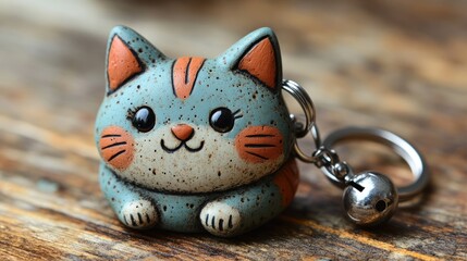 Cute ceramic cat keychain on wooden surface