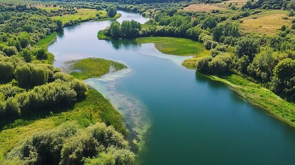Obraz premium Serene River Flowing Through Lush Green Forest Landscape